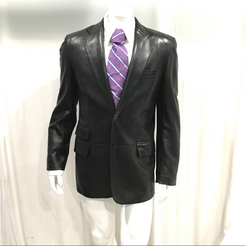 Gucci Mens Black Leather Buttoned Blazer